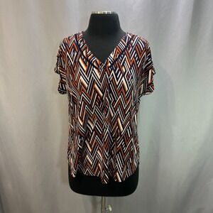 Flower & Feather Blouse Top Womens Medium Multi Chevron Print Stretch V Neck